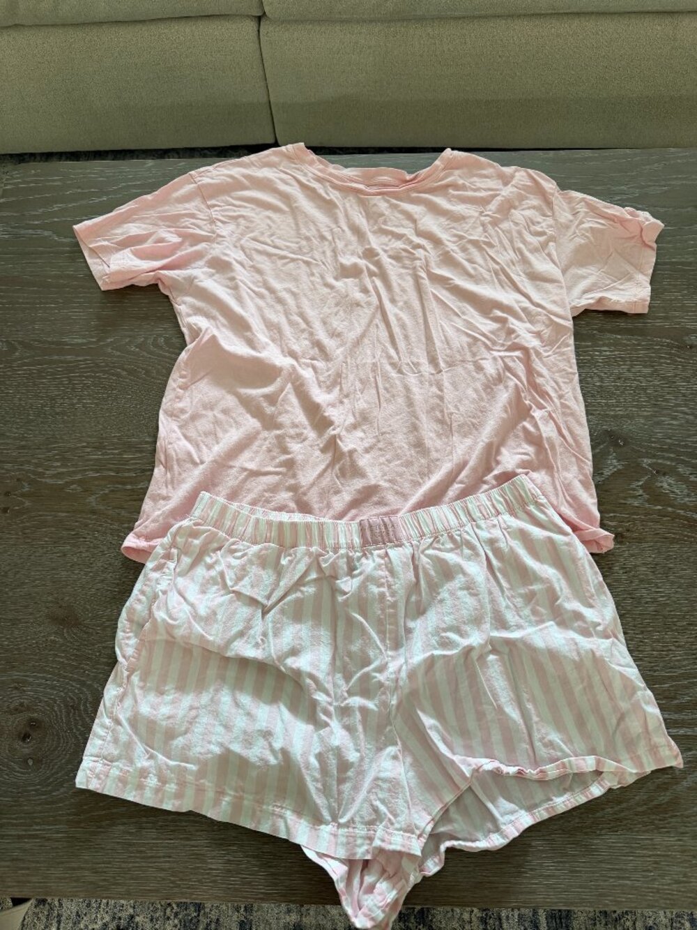 Womens Victoria's Secret 2 piece pajama set pjs pink striped tee shorts size L